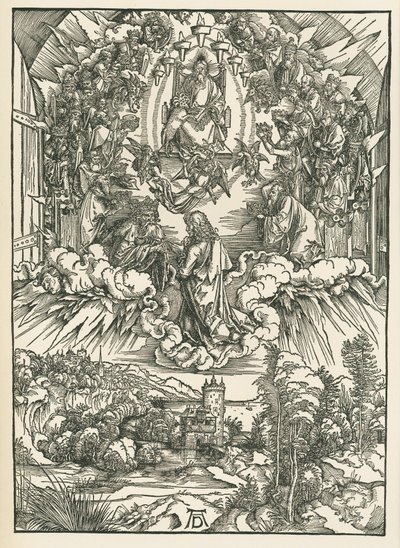 Pyhä Johannes Jumalan ja taivaassa olevien kahdenkymmenenneljän vanhimman edessä. Johanneksen ilmestys, noin 1496 (puupiirros). tekijältä Albrecht Dürer or Duerer