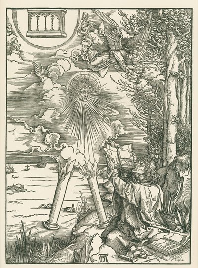 Pyhä Johannes ahmii enkelin antamaa kirjaa. Johanneksen ilmestys, noin 1498 (puupiirros). tekijältä Albrecht Dürer or Duerer