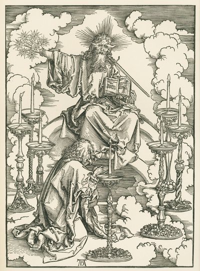 Pyhän Johanneksen näky Kristuksesta ja seitsemästä kynttilänjalasta. Johanneksen ilmestys, n. 1496-98 (puupiirros). tekijältä Albrecht Dürer or Duerer
