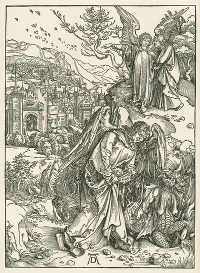 Enkeli, jolla on avain ja joka heittää lohikäärmeen kuiluun, ja toinen enkeli, joka näyttää Johannekselle Uuden Jerusalemin, noin 1497-98 (puupiirros). tekijältä Albrecht Dürer or Duerer