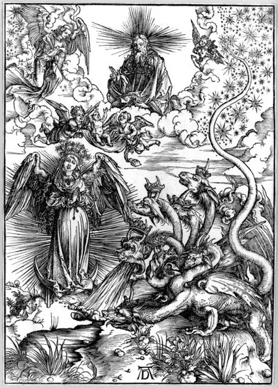 Apokalyptinen nainen tai Auringon ja seitsemänpäisen lohikäärmeen pukeutunut nainen, Apokalypsista tai Pyhän Johanneksen ilmestymisestä tekijältä Albrecht Dürer