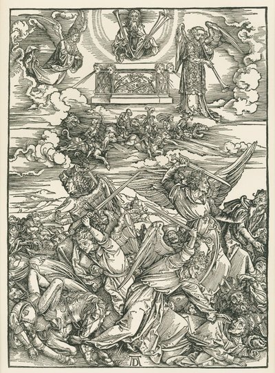 Enkelten taistelu. Johanneksen ilmestys, noin 1496-98 (puupiirros). tekijältä Albrecht Dürer or Duerer