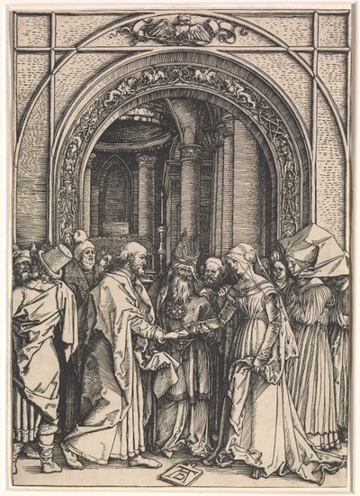 Neitsyen kihlaus julkaisusta: The Life of the Virgin, n. 1504-1505 (puupiirros paperille) tekijältä Albrecht Dürer