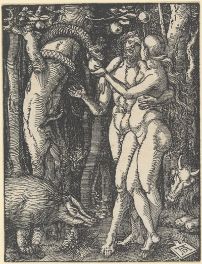 The Fall of Man, teoksesta "Pieni intohimo", n. 1510 (puupiirros) tekijältä Albrecht Dürer