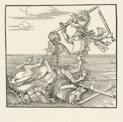 Ulkomaan turnaus. Maximilian on nostanut vastustajansa Jacop de Herin satulasta, noin 1517-18 (puupiirros). tekijältä Albrecht Dürer or Duerer