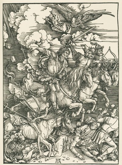 Maailmanlopun neljä ratsumiestä. Johanneksen ilmestys, noin 1497-98 (puupiirros). tekijältä Albrecht Dürer or Duerer