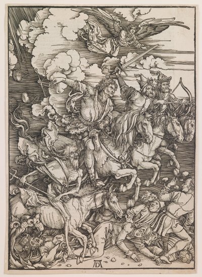 Maailmanlopun neljä ratsumiestä, teoksesta "Maailmanloppu", noin 1497-98 (puupiirros). tekijältä Albrecht Dürer or Duerer