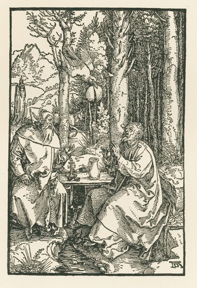 Eremitit Pyhä Antonius Suuri ja Pyhä Paavali, noin 1503-04 (puupiirros). tekijältä Albrecht Dürer or Duerer