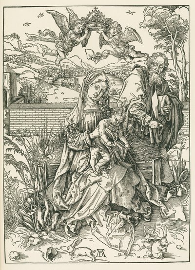 Pyhä perhe ja kolme jänistä, noin 1497 (puupiirros). tekijältä Albrecht Dürer or Duerer