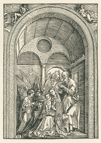 Pyhä perhe ja kaksi enkeliä pylväskäytävässä, noin 1503-04 (puupiirros). tekijältä Albrecht Dürer or Duerer