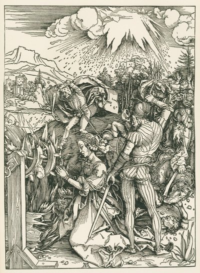 Pyhän Katariina Aleksandrialaisen marttyyrikuolema, noin 1498 (puupiirros). tekijältä Albrecht Dürer or Duerer