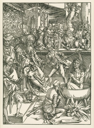Johannes evankelistan marttyyrikuolema, noin 1496-97 (puupiirros). tekijältä Albrecht Dürer or Duerer