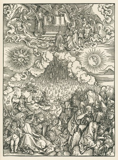 Viidennen ja kuudennen sinetin avaaminen. Johanneksen ilmestys, noin 1497-98 (puupiirros). tekijältä Albrecht Dürer or Duerer