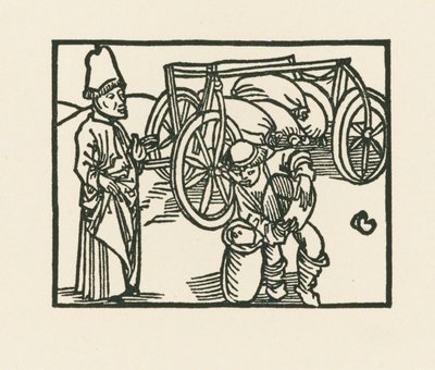 Papilla on säkki vaunun päällä ja siihen laitetaan kauraa, noin 1489-90 (puupiirros). tekijältä Albrecht Dürer or Duerer