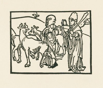 Pappi puvussaan ajaa karjaa ulos ja hänen edellään kulkee piika, n.1489-90 (puupiirros). tekijältä Albrecht Dürer or Duerer