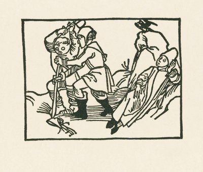 Pappi makaa niityllä, korppi kurkkii onttoon kiveen, n.1489-90 (puupiirros). tekijältä Albrecht Dürer or Duerer