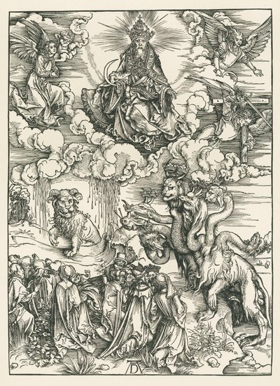 Merihirviö ja peto, jolla on karitsan sarvet. Johanneksen ilmestys, noin 1496-97 (puupiirros). tekijältä Albrecht Dürer or Duerer