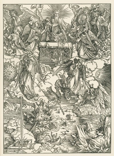 Seitsemän pasuunaa annetaan enkeleille. Johanneksen ilmestys, noin 1496-97 (puupiirros). tekijältä Albrecht Dürer or Duerer