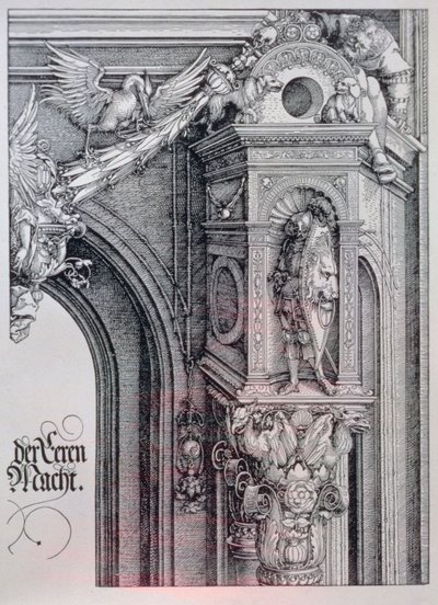 Keisari Maximilian I:n (1459-1519) riemukaari: yksityiskohta keskuskaaresta (kunnian ja voiman portti), jossa näkyy lehvistö ja animoitu pylväspääkaupunki, joka tukee arkkitehtonisessa markkinarakossa seisovaa ritaria, hahmoa, joka pitää kiinni riippuvan c tekijältä Albrecht Dürer