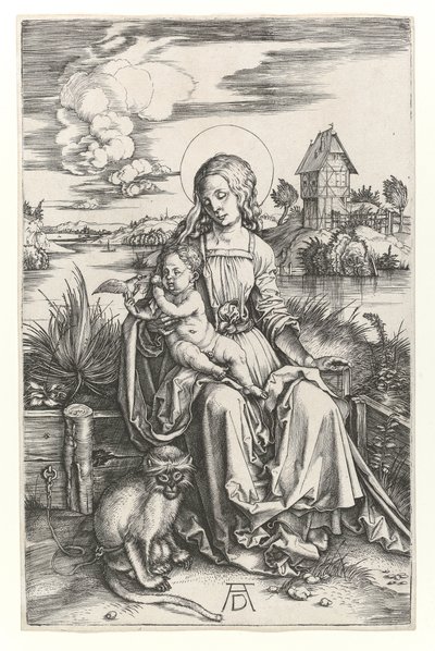 Neitsyt apinan kanssa, n.1498 (Burin-kaiverrus) tekijältä Albrecht Dürer