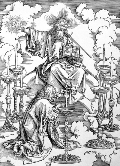 Seitsemän kynttilänjalan näky "Apokalypsi" tai "Pyhän Johannes Jumalansynnyttäjän ilmestykset", pub. 1498 (puupiirros) tekijältä Albrecht Dürer