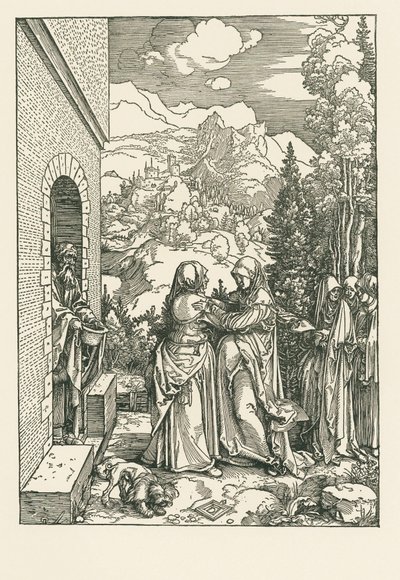 Vierailu - Pyhä Maria vierailee pyhän Elisabethin luona, noin 1503-04 (puupiirros). tekijältä Albrecht Dürer or Duerer