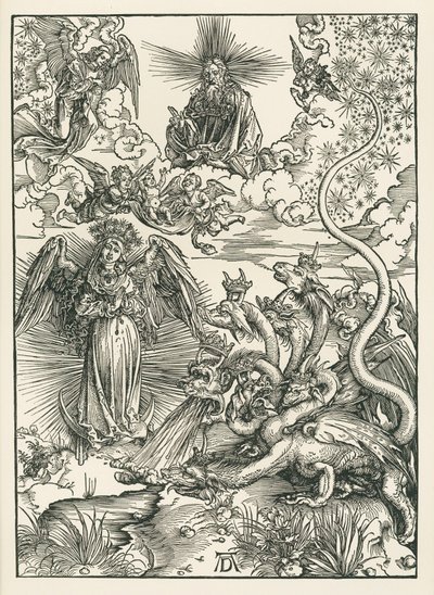 Aurinkoon puettu nainen ja seitsenpäinen lohikäärme. Johanneksen ilmestys, noin 1497 (puupiirros). tekijältä Albrecht Dürer or Duerer