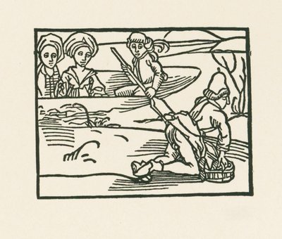 Herttuatar on veneessä veden päällä, jossa pappi pesee alusvaatteensa, n.1489-90 (puupiirros). tekijältä Albrecht Dürer or Duerer
