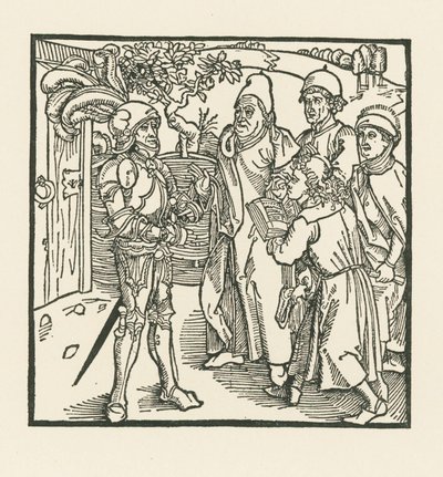Ritari antaa kahdelle kirjurille ja kahdelle papille tehtäväksi laatia tämä kirja. tekijältä Albrecht Dürer or Duerer