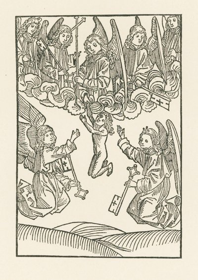 Seitsemän enkeliä, joilla on risti ja kuusi avainta, joilla he avasivat taivaan kuudelle laupeuden teolle, ottavat sielun vastaan taivaaseen. tekijältä Albrecht Dürer or Duerer