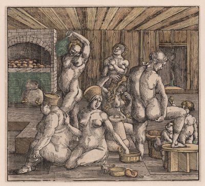 Naisten kylpy, kirjoittanut Duerer, Albrecht (1471-1528). Puupiirros, akvarelli, c. 1500. Mitat: 21,8x23,9 cm. Yksityinen kokoelma tekijältä Albrecht Dürer