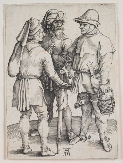 Kolme talonpoikaa keskustelemassa, noin 1497 (kaiverrus). tekijältä Albrecht Dürer or Duerer