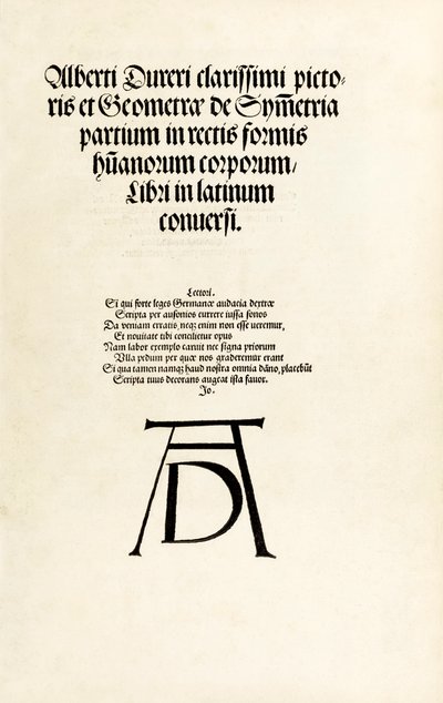 Nimisivulla Durerin puupiirrosmonogrammi teoksesta "Hierinn sind vier bücher von Menschen Proportion" tekijältä Albrecht Dürer