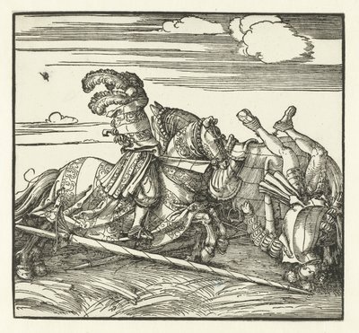 Kaksi ratsastajaa taistelevat hevosen selässä tekijältä Albrecht Dürer or Duerer