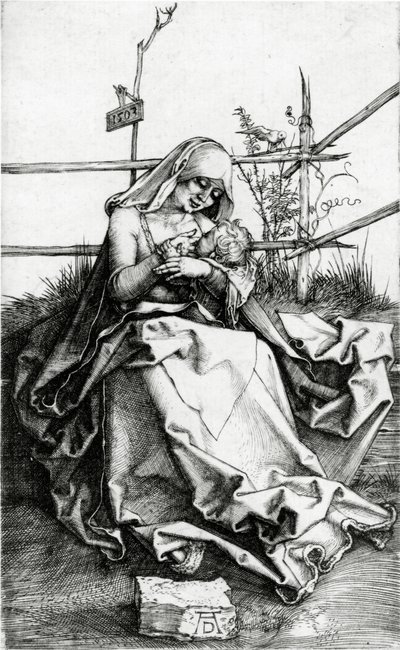 Neitsyt ja lapsi istuvat ruohopenkillä tekijältä Albrecht Dürer