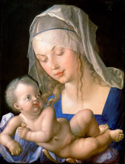 Neitsyt ja lapsi pitelevät puoliksi syötyä päärynää tekijältä Albrecht Dürer