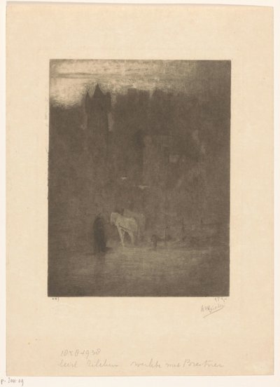 Figuuri ja kaksi hevosta linnassa sumussa tekijältä Albrecht Felix Reicher (signed by artist)