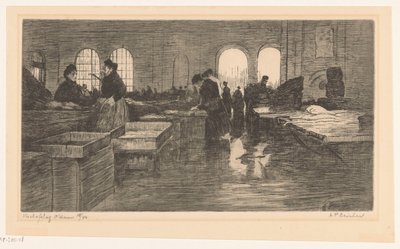 Vismarktin sisätilat Nieuwmarktissa Amsterdamissa Amsterdamin kalahuutokauppa (alkuperäinen nimi esineessä) tekijältä Albrecht Felix Reicher (signed by artist)