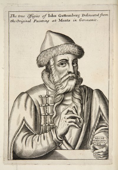 John Guttemberg, kirjasta Mechanick Exercises: or The Doctrine of Handy-Works sovellettu Art of Printing, pub. 1683 tekijältä Albrecht after Mentz