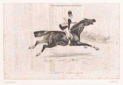 Jongeman op galopperend paard Jotta sinulla olisi palvelija, eikä häntä kanssasi..! (otsikko esineessä) Kleine geneugten van het paardrijden (sarjan nimi) Ratsastuksen pienet ilot (sarjan nimi esineellä) tekijältä Alcide Joseph Lorentz