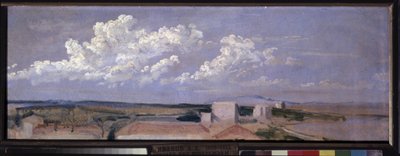 Pilviä meren rannikolla. Maisema, jossa on muutamia taloja rannikolla, suuret valkoiset pilvet. Aleksanteri Andrejevitš Ivanovin (1806-1858) teos, öljy paperille tekijältä Aleksandr Andreevich Ivanov