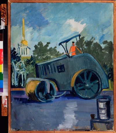 Asfalttipäällystys. (Kone laskee asfalttia kadulle). Maalaus Alexander Isaakovich Rusakov (1898-1952), öljy kankaalle tekijältä Aleksandr Isaakovich Rusakov