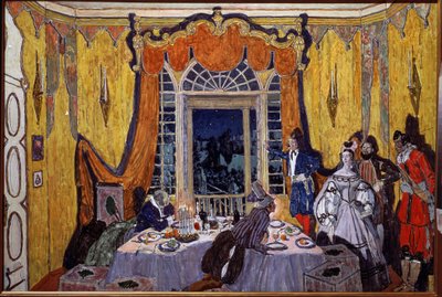 Valmisteleva sisustus Alexandre Dargomyjskin (1813-1869) oopperaan "Le guest de pierre" (A. Dargomyzhskyn Kivivieras-oopperan lavastus). Maalaus Alexander Yakovlevich Golovin (Aleksandri Golovin) (1863-1930), öljy puulle tekijältä Aleksandr Jakovlevic Golovin