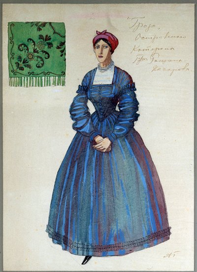 Pukusuunnittelu Alexandre Ostrovskin (1823-1886) näytelmään Myrsky (A.Ostrovskin näytelmän Myrsky pukusuunnittelu). Aleksanteri Jakovlevich Golovin (Aleksandri Golovin) (1863-1930) työ, kynä, muste, akvarelli, guassi ja kulta paperille tekijältä Aleksandr Jakovlevic Golovin
