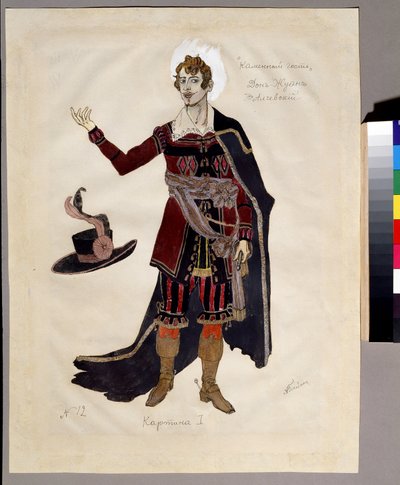 Pukusuunnittelu Alexandre Dargomyjskin (1813-1869) oopperaan "Le guest de pierre" (A. Dargomyzhskyn pukusuunnittelu oopperaan Kivivieras). Aleksanteri Jakovlevich Golovinin työ (Aleksanteri Golovin) (1863-1930); Akvarelli, guassi ja e tekijältä Aleksandr Jakovlevic Golovin