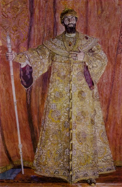 Venäläinen oopperalaulaja Feodor Chaliapin nimiroolissa Modest Mussorgskin oopperassa Boris Godunov tekijältä Aleksandr Jakovlevic Golovin