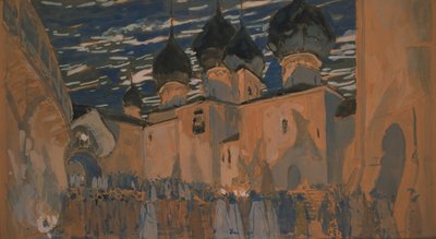 Lavastus N. Rimski-Korsakovin oopperaan Pihkovan neito, 1901 tekijältä Aleksandr Jakovlevic Golovin