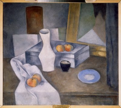 Asetelma omenoilla ja sinisellä lautasella (Asetelma omenoilla ja sinisellä lautasella) - Aleksanteri Vasiljevitš Shevchenkon (Aleksandre Tševtšenko) työ (1883-1948), öljy pahville, noin 1910 - venäläinen taide, 1900-luku, avantgarde - Venäjän valtio Museo tekijältä Aleksandr Vasilievich Shevchenko