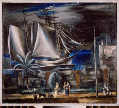 Port marin, la nuit (Korkea laiva seisoo Mustallamerellä) - Merisatama yöllä - Aleksanteri Vasilyevich Shevchenkon (Aleksandri Ševtšenko) maalaus (1883-1948), öljy kankaalle tekijältä Aleksandr Vasilievich Shevchenko