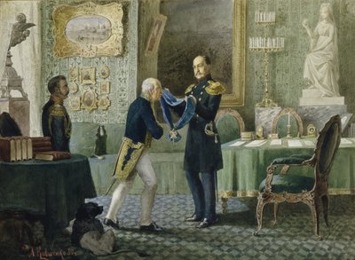 Keisari Nikolai I palkitsee Pyhän Andreaksen ritarikunnan sinisen nauhan kreivi Michail Speranskylle, 1880 tekijältä Aleksei Danilovich Kivshenko